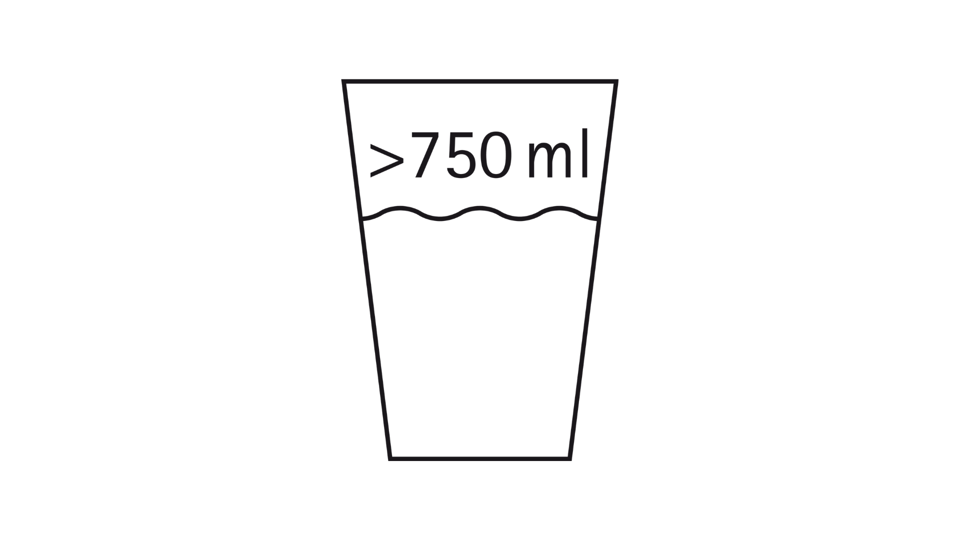 Een eenvoudige illustratie van een transparant glas dat bijna tot aan de bovenkant is gevuld met vloeistof. Een horizontale golflijn geeft het vloeistofniveau aan en de tekst ">750ml" staat dicht bij de rand.