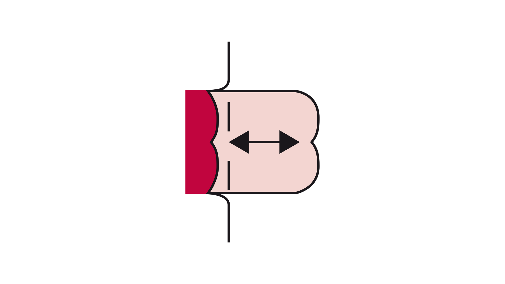 Een profielillustratie van een prolaberende, uitgezakte stoma. Schematische zijaanzichtillustratie van een prolaberende (uitgezakte) stoma. De basis van de stoma bevindt zich op huidniveau, terwijl een lichter gedeelte verder naar buiten steekt. Een dubbele pijl geeft aan dat de stoma naar binnen en naar buiten kan bewegen.