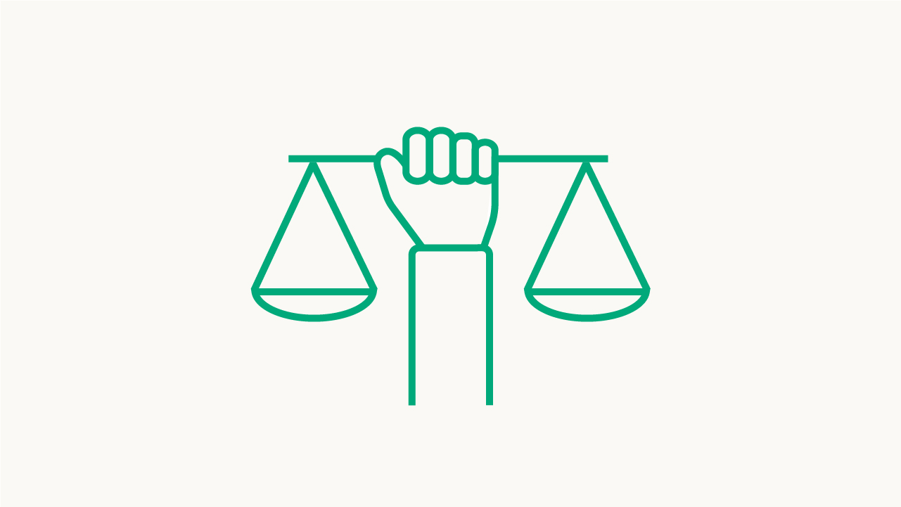 Pictogram van een hand die een evenwichtige schaal vasthoudt die rechtvaardigheid of rechtvaardigheid vertegenwoordigt